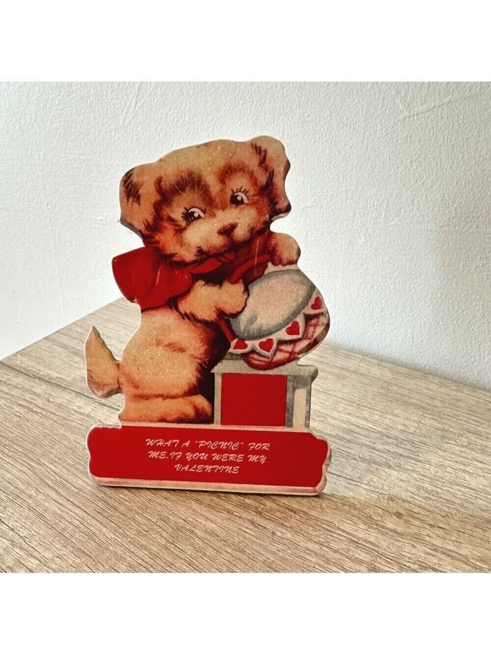 Retro Puppy Valentine Sign 5in Vtg Stand Up Inspired Figurine Tiered Tray Decor